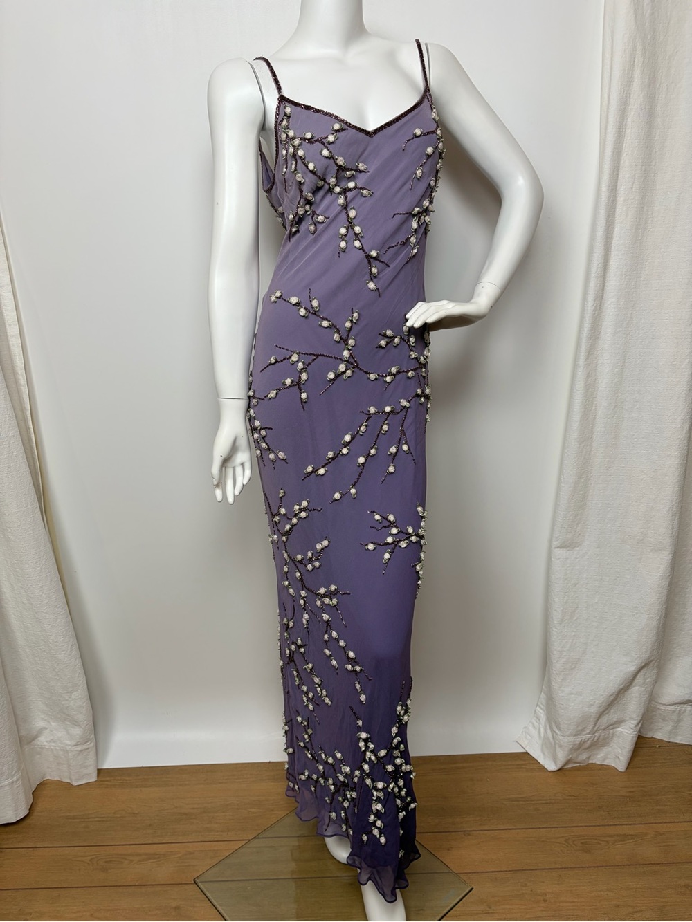 Sue Wong Nocturne Designer Silk Y2K Beaded Floral Dress Purple Ombré